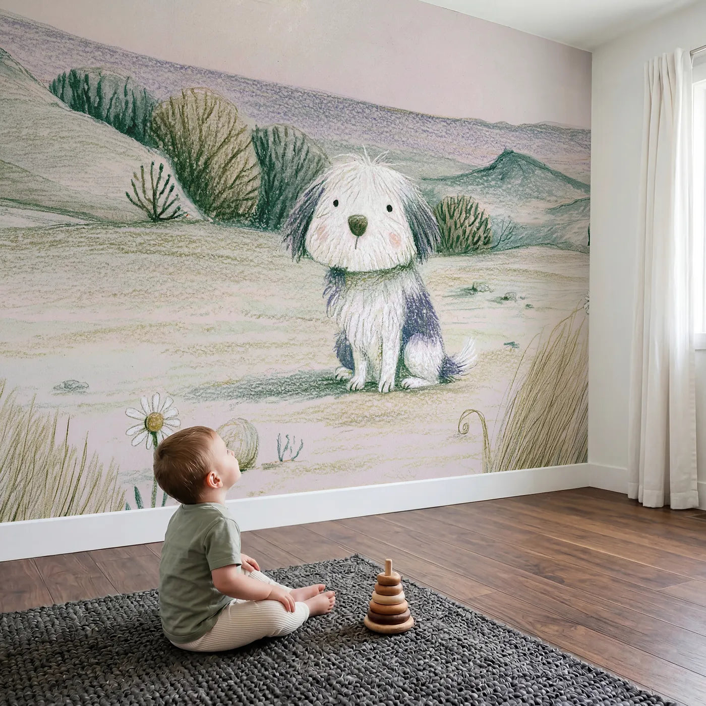 Child in nursery with Soft Pencil Pup Wallpaper Mural by Whimsy Tots