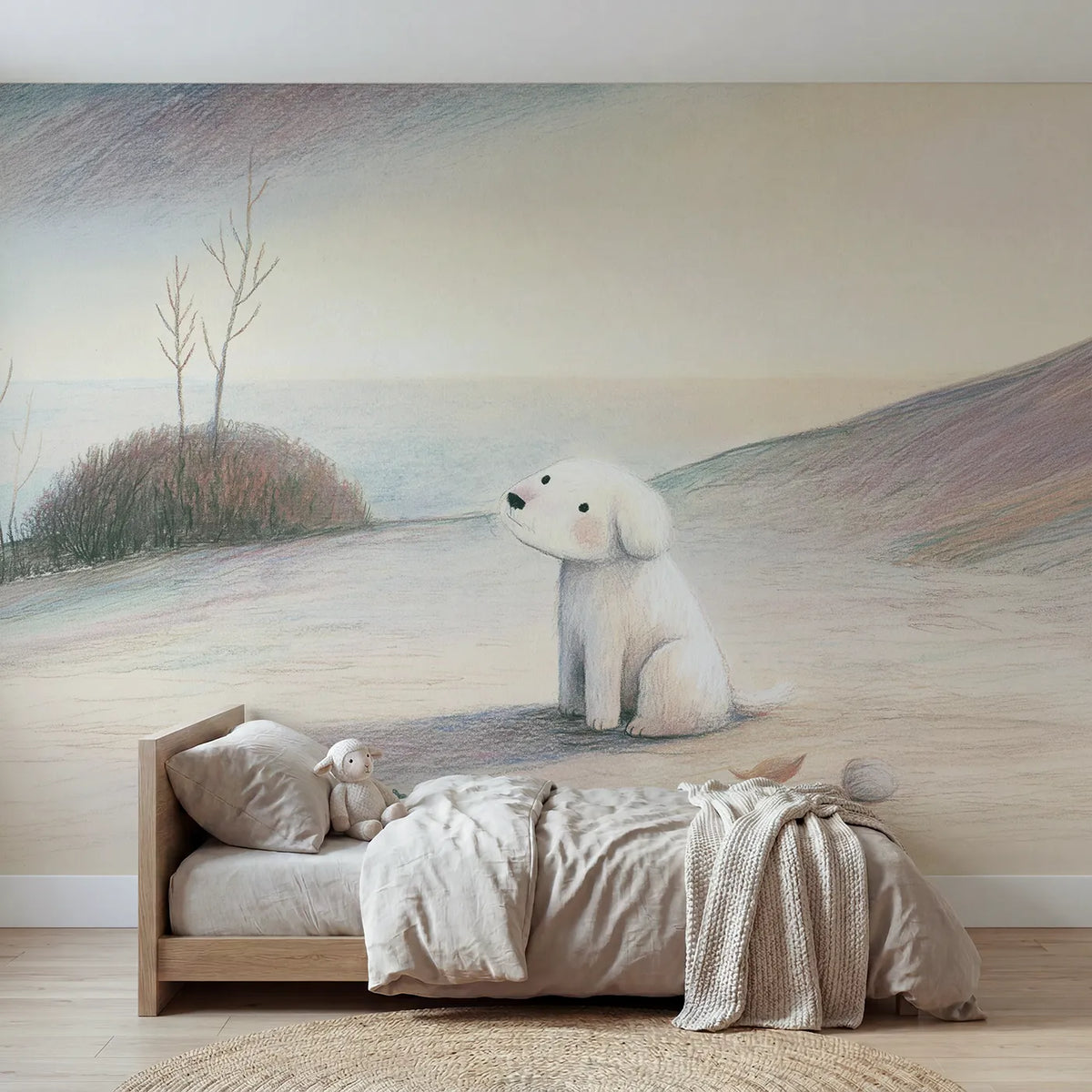 Colored-pencil wall mural of a gentle sketch pup by Whimsy Tots
