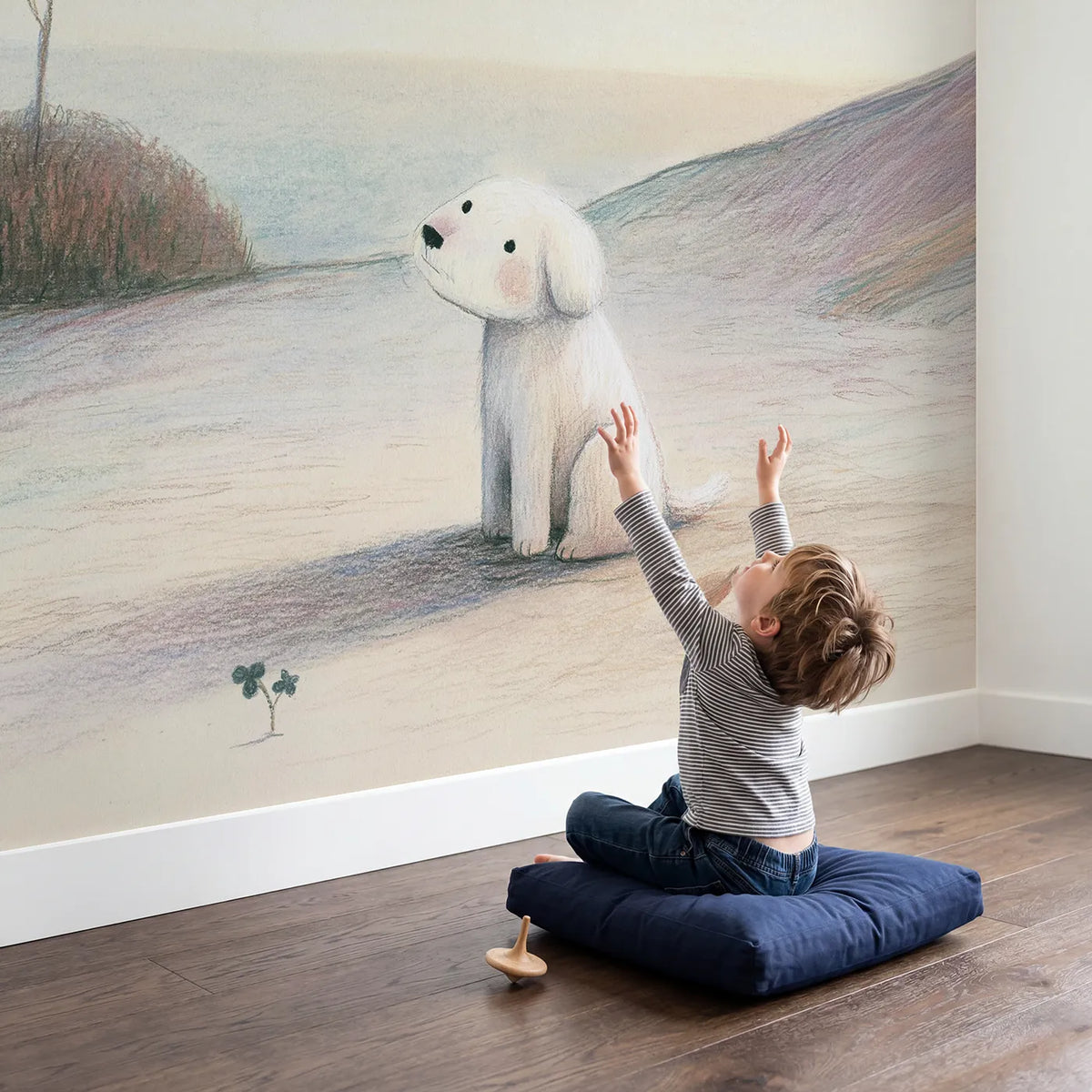 Child in nursery with Gentle Sketch Pup Wallpaper Mural by Whimsy Tots