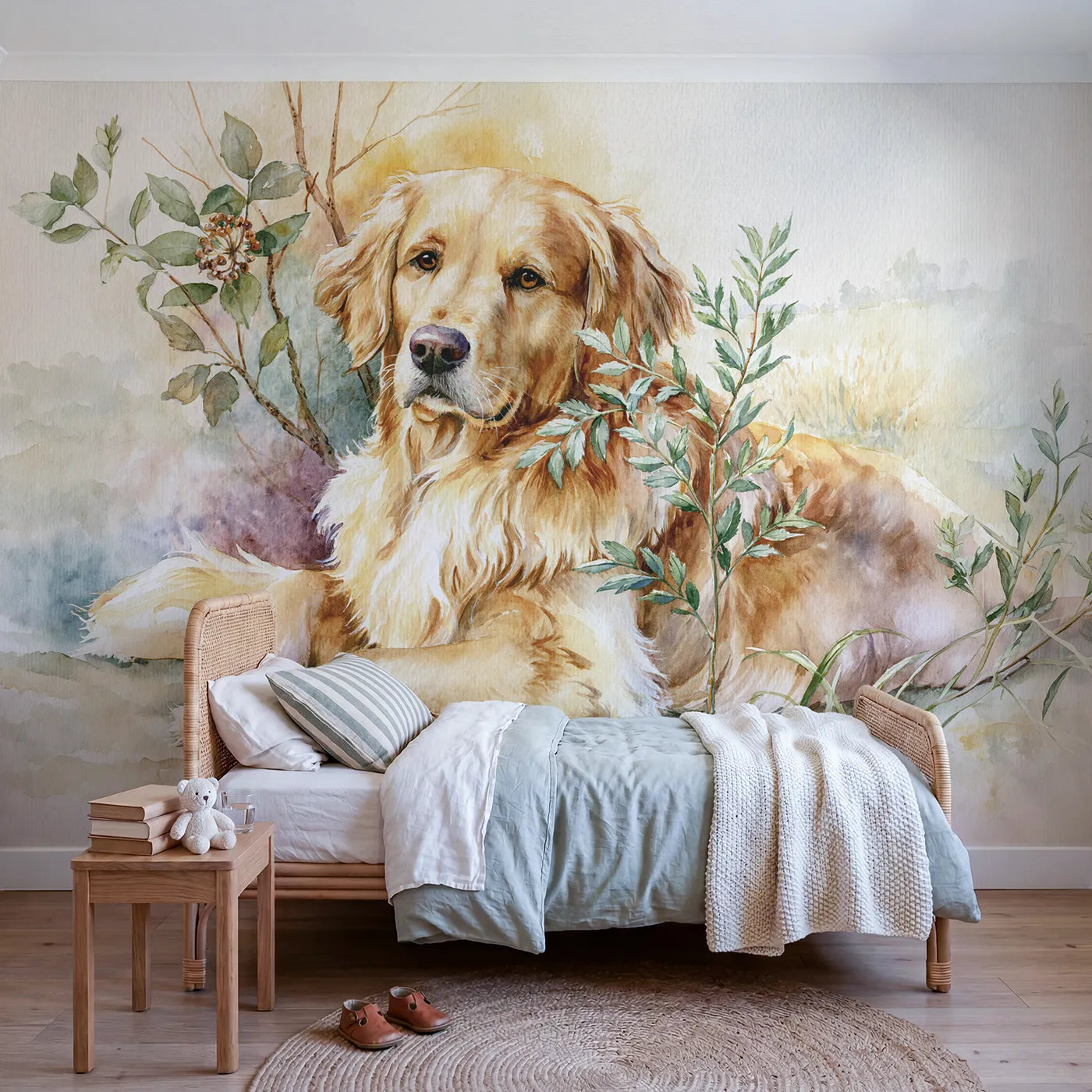 Watercolor wall mural of a loyal dog portrait by Whimsy Tots