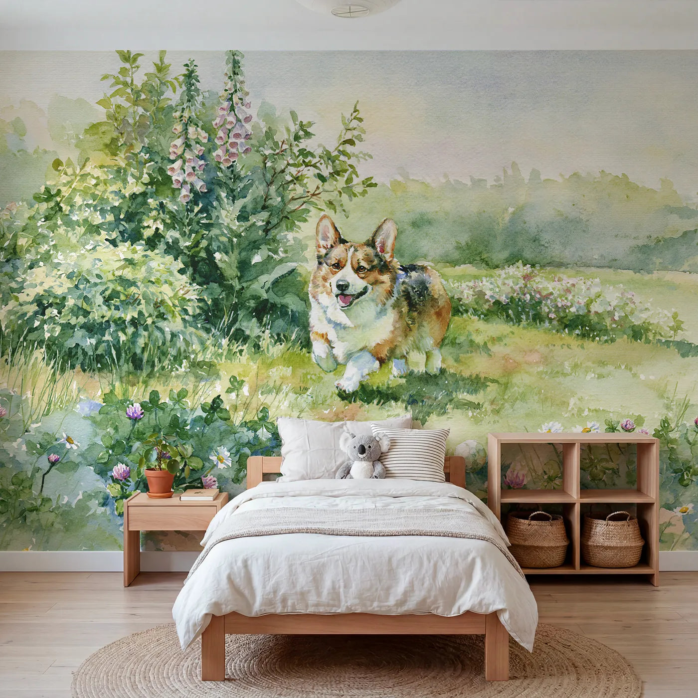 Watercolor wall mural of a corgi garden trot by Whimsy Tots