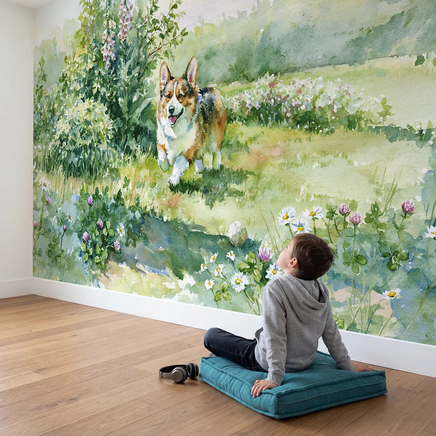 Child in nursery with Corgi Garden Trot Wallpaper Mural by Whimsy Tots