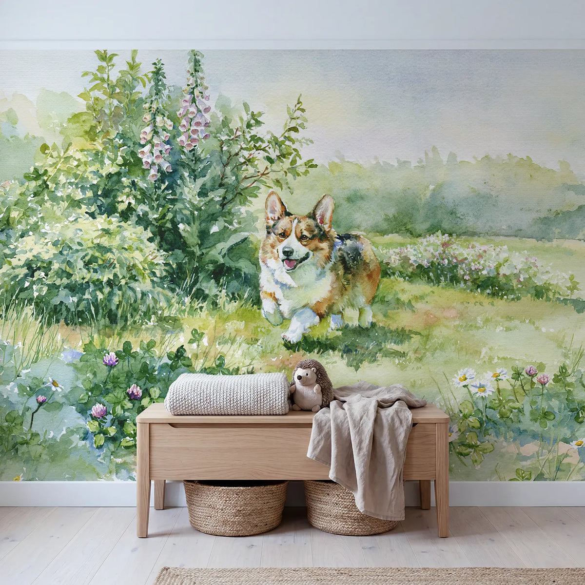 Corgi Garden Trot Wallpaper Mural in playroom setting by Whimsy Tots