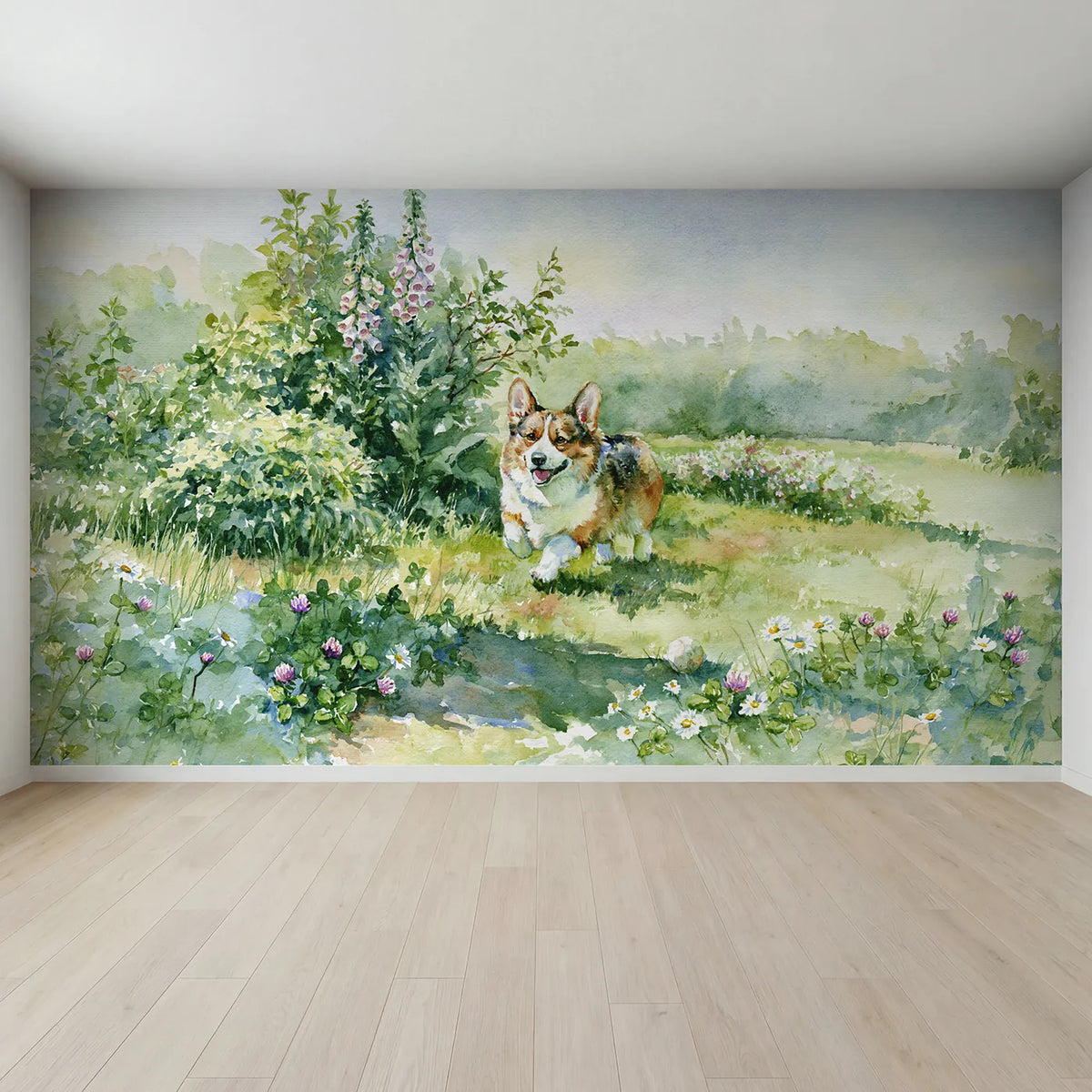 Full view of Corgi Garden Trot Wallpaper Mural by Whimsy Tots