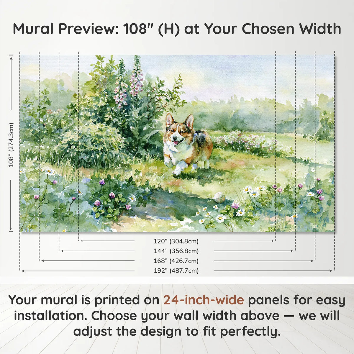 Panel layout and dimensions for Corgi Garden Trot Wallpaper Mural by Whimsy Tots