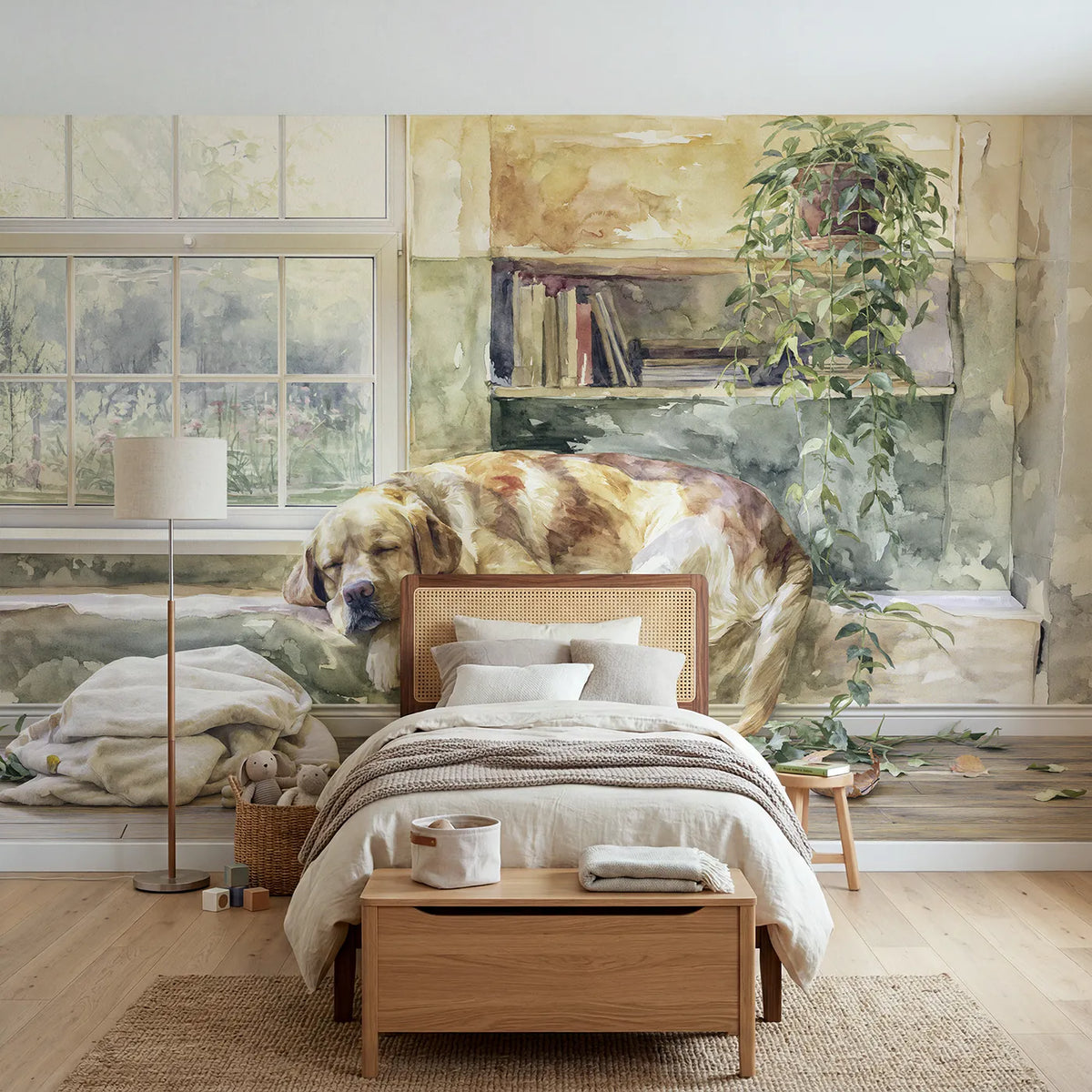Watercolor wall mural of a labrador sunny nap by Whimsy Tots