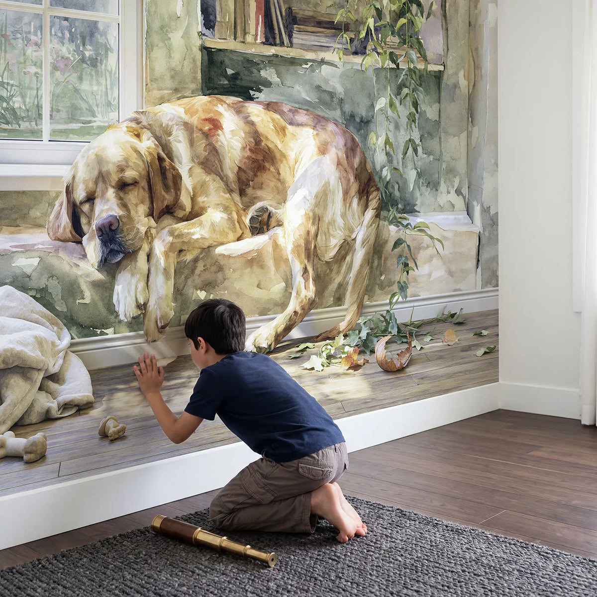 Child in nursery with Labrador Sunny Nap Wallpaper Mural by Whimsy Tots