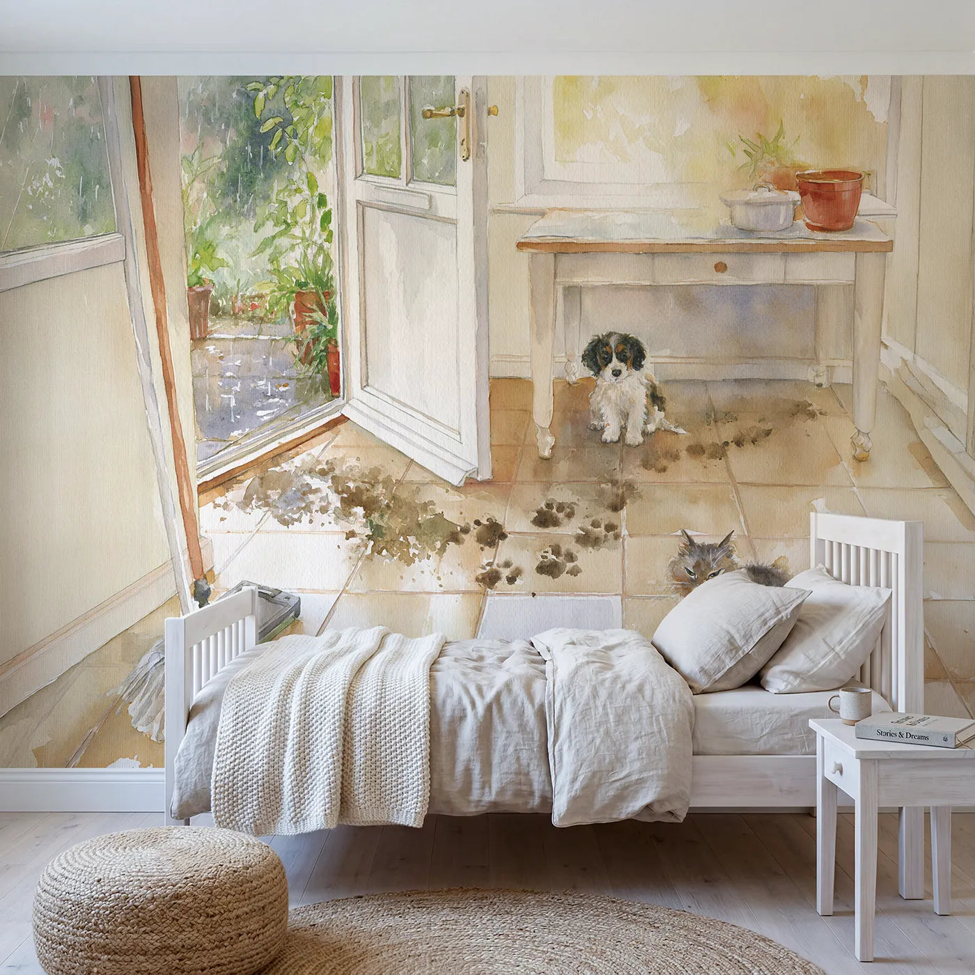 Watercolor muddy paw prints across a kitchen floor, wall mural for a rented bedroom by Whimsy Tots