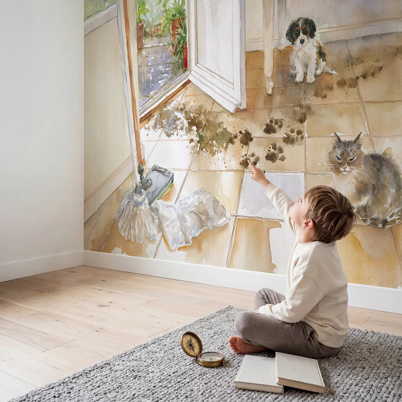 Child in nursery with The Trail of Muddy Paws Wallpaper Mural by Whimsy Tots