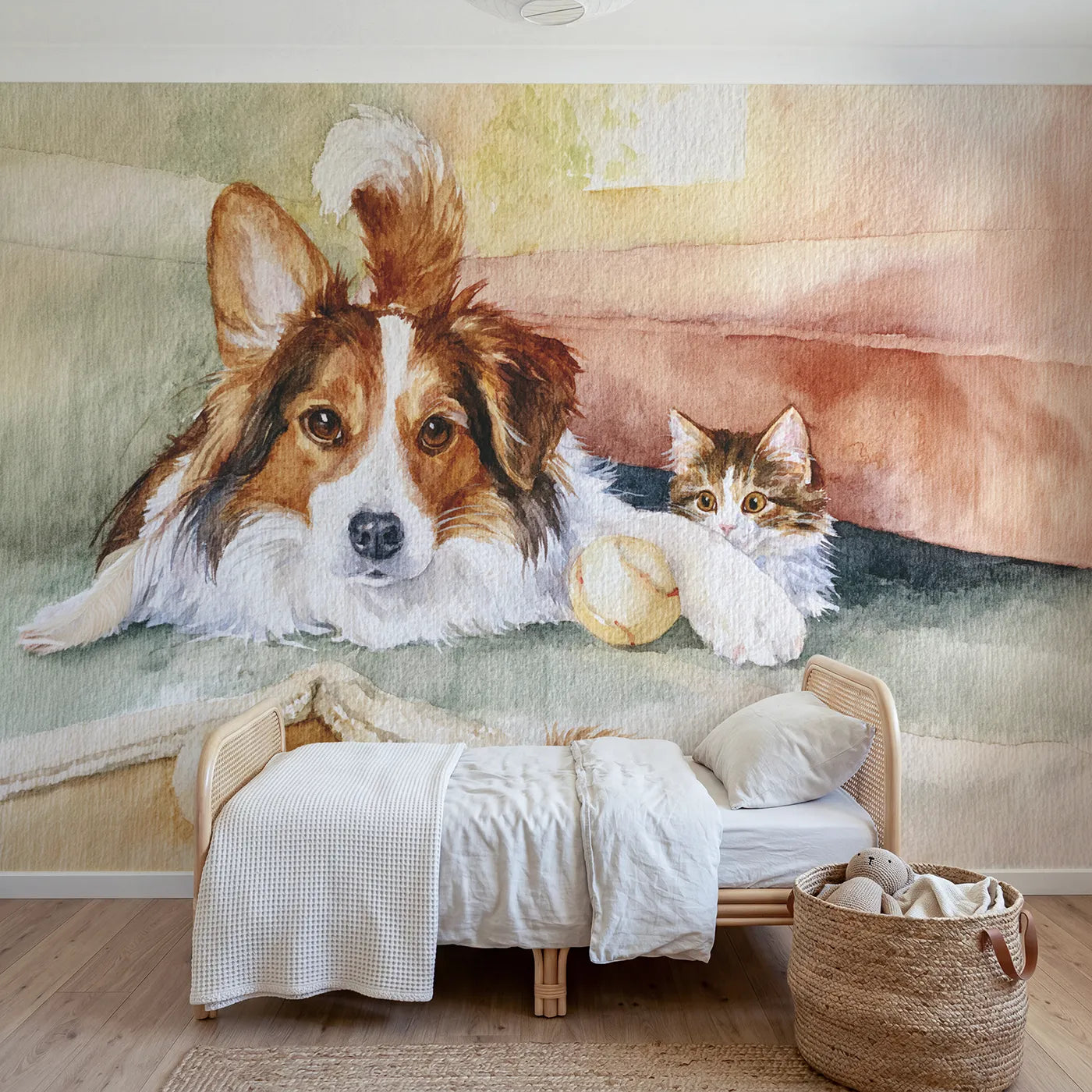 Watercolor dog reaching under a sofa for his ball, wall mural for a toddler room by Whimsy Tots