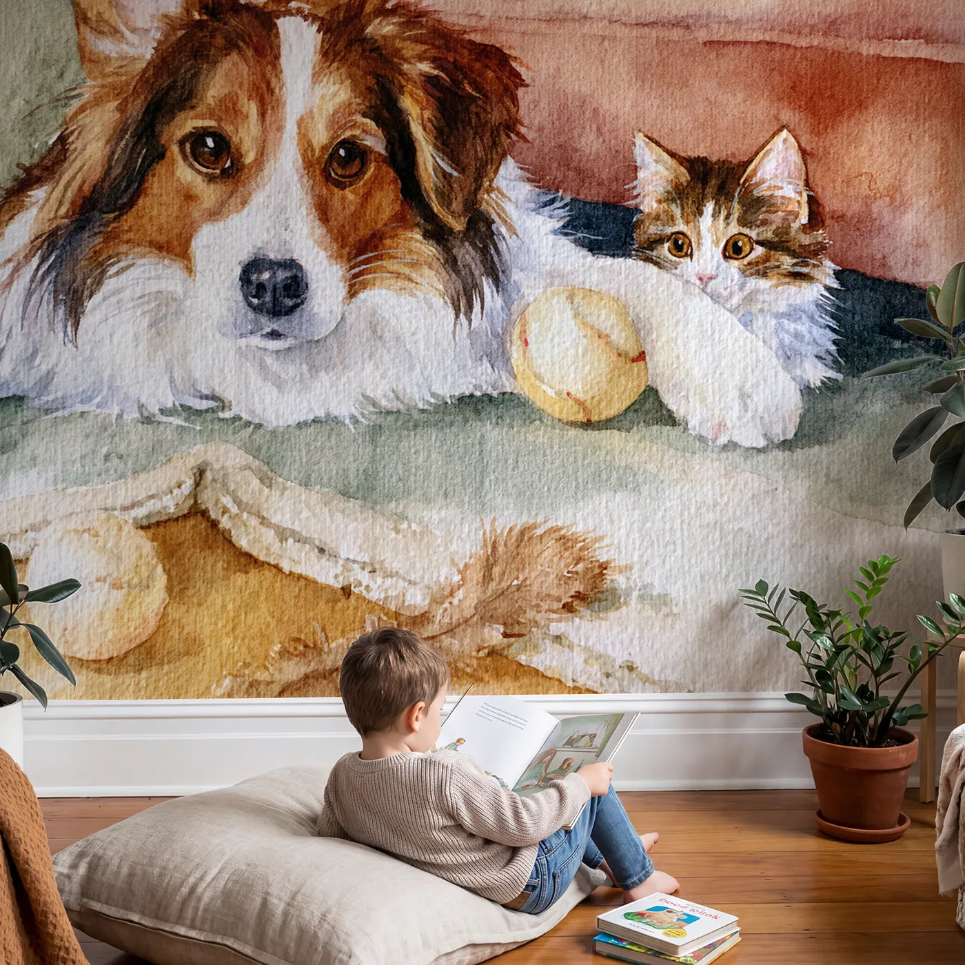 Child in nursery with The Ball Under the Sofa Wallpaper Mural by Whimsy Tots