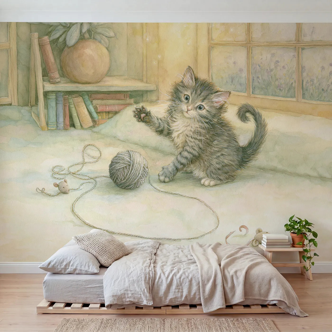 Storybook wall mural of a curious kitten at play by Whimsy Tots