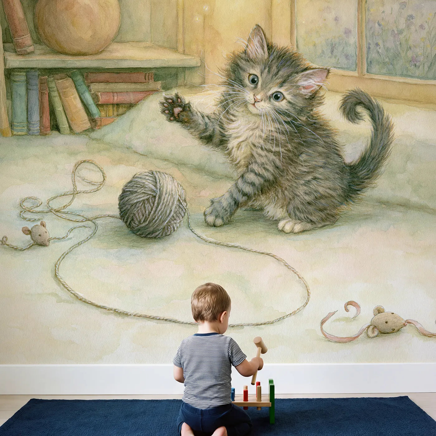 Child in nursery with Curious Kitten Play Wallpaper Mural by Whimsy Tots