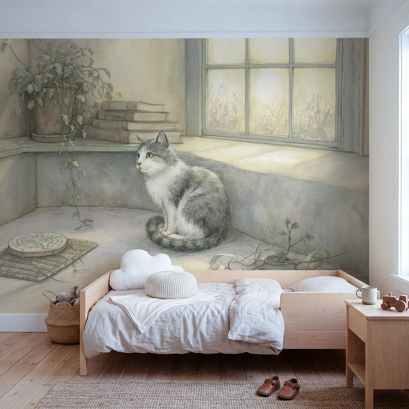 Storybook wall mural of a friendly house cat by Whimsy Tots