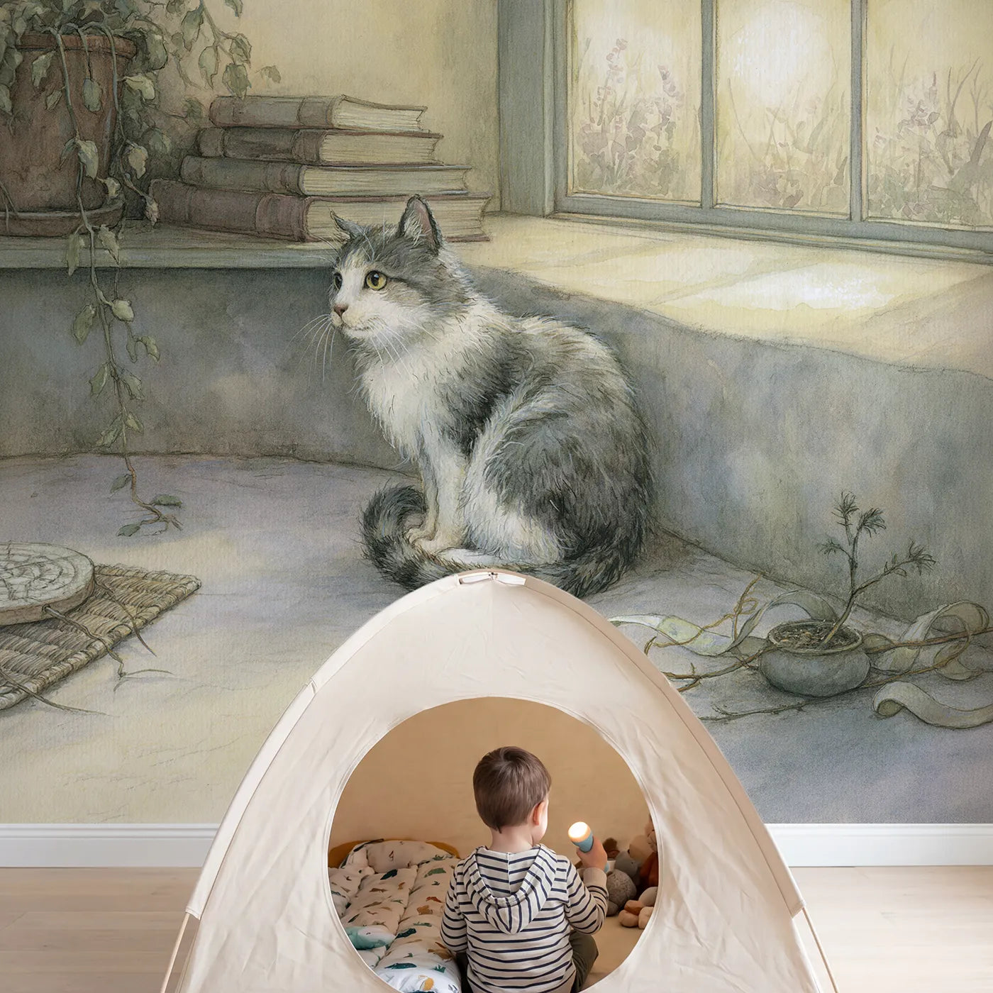Child in nursery with Friendly House Cat Wallpaper Mural by Whimsy Tots
