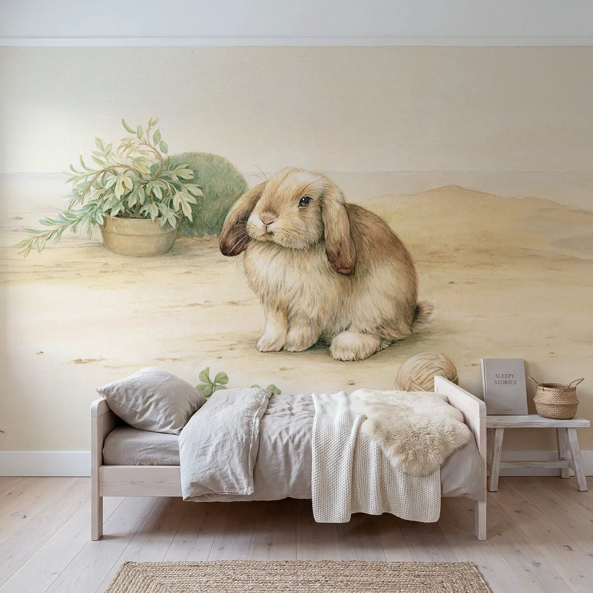 Storybook wall mural of a lop eared bunny by Whimsy Tots