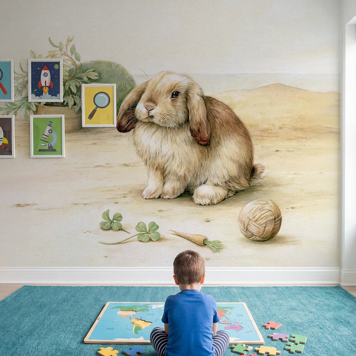 Child in nursery with Lop Eared Bunny Wallpaper Mural by Whimsy Tots