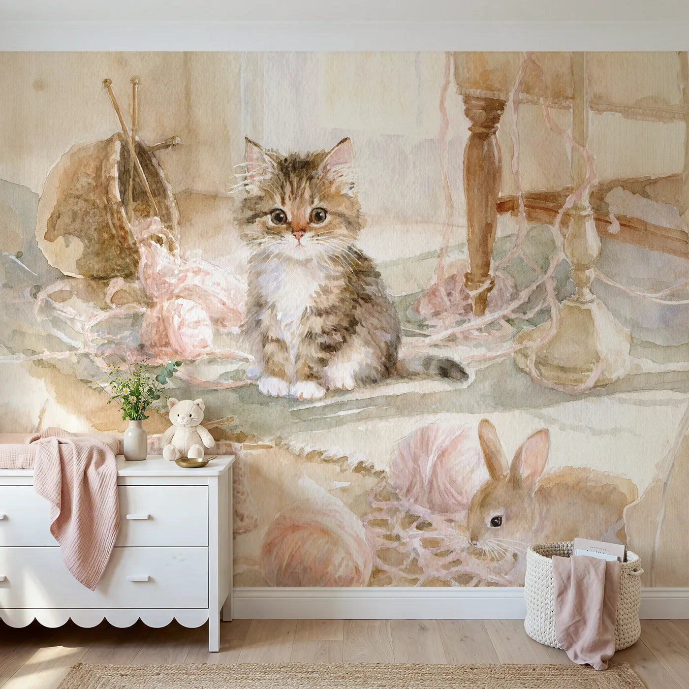 Watercolor kitten unravelling a ball of pink yarn, wall mural for a kids room by Whimsy Tots