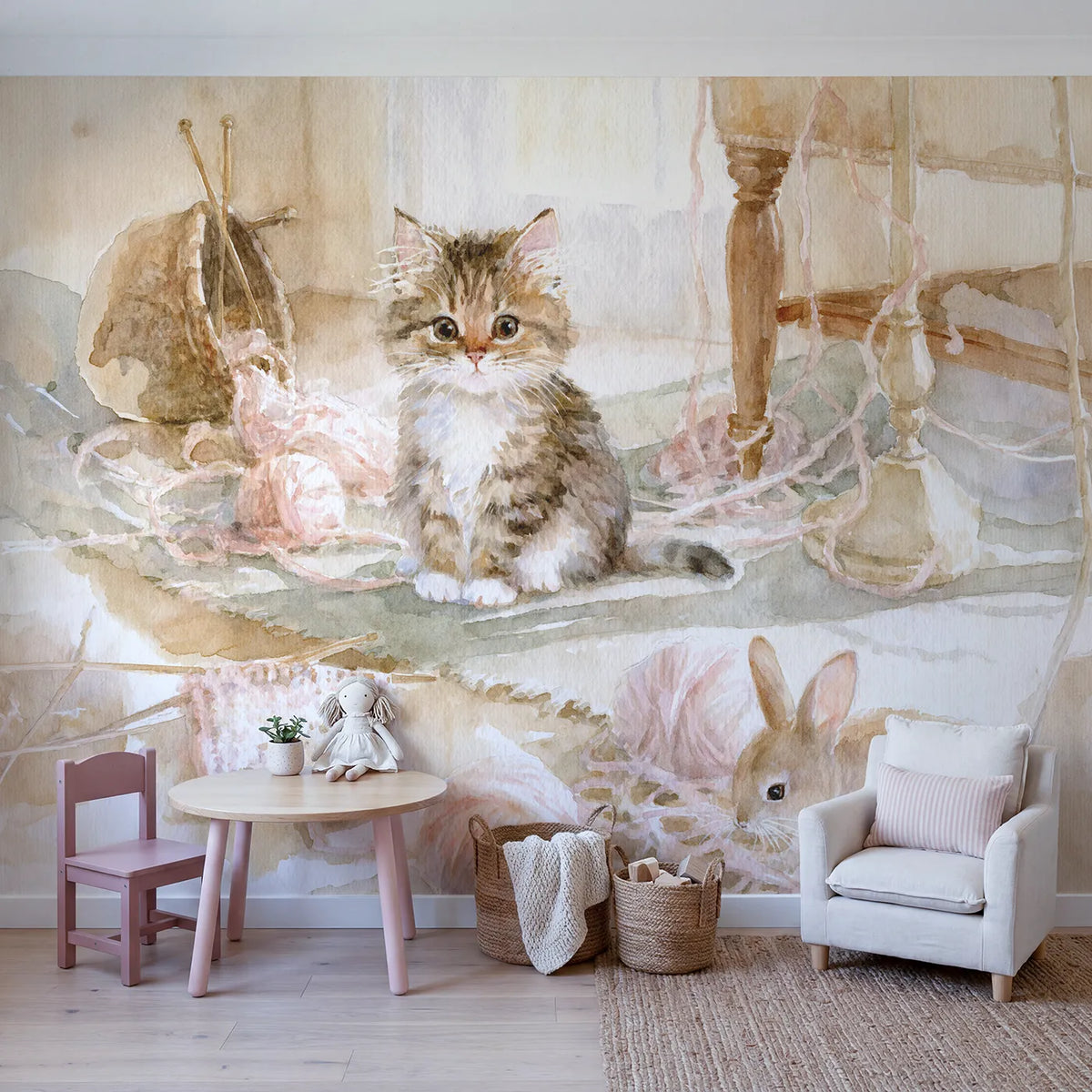 The Great Yarn Unravelling Wallpaper Mural in playroom setting by Whimsy Tots