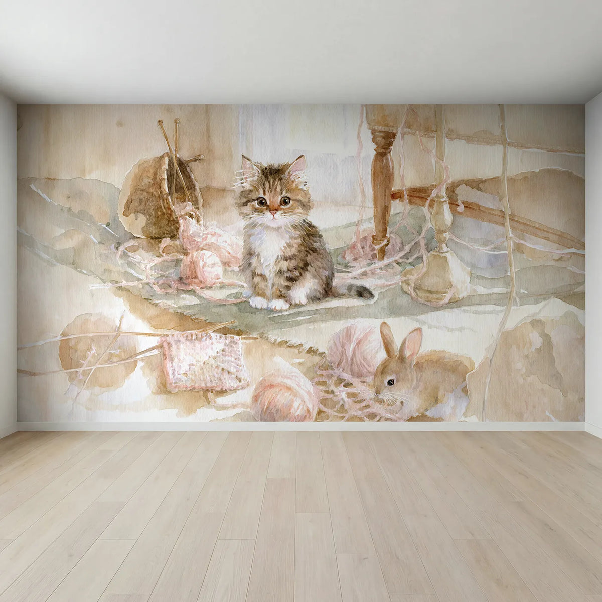 Full view of The Great Yarn Unravelling Wallpaper Mural by Whimsy Tots