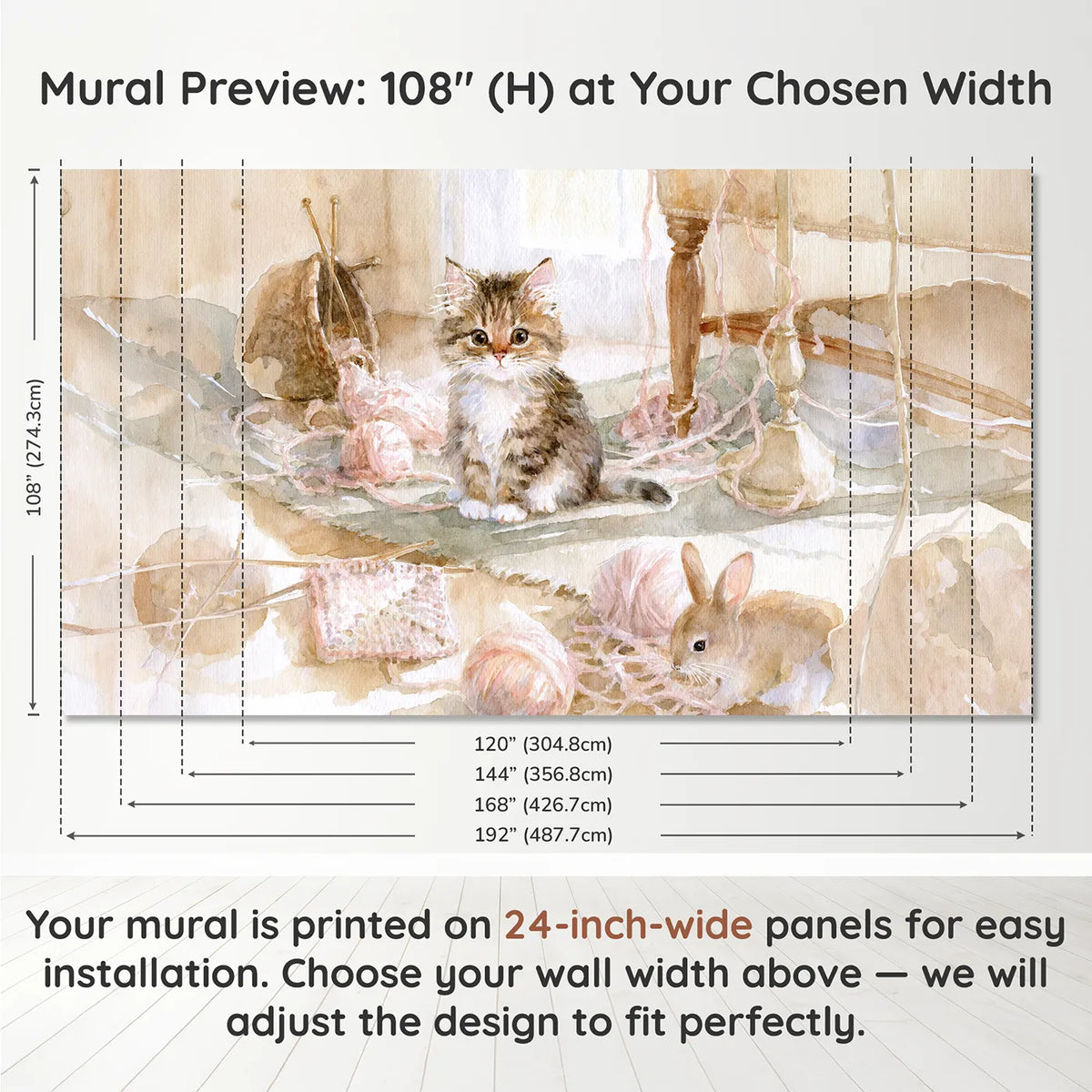 Panel layout and dimensions for The Great Yarn Unravelling Wallpaper Mural by Whimsy Tots