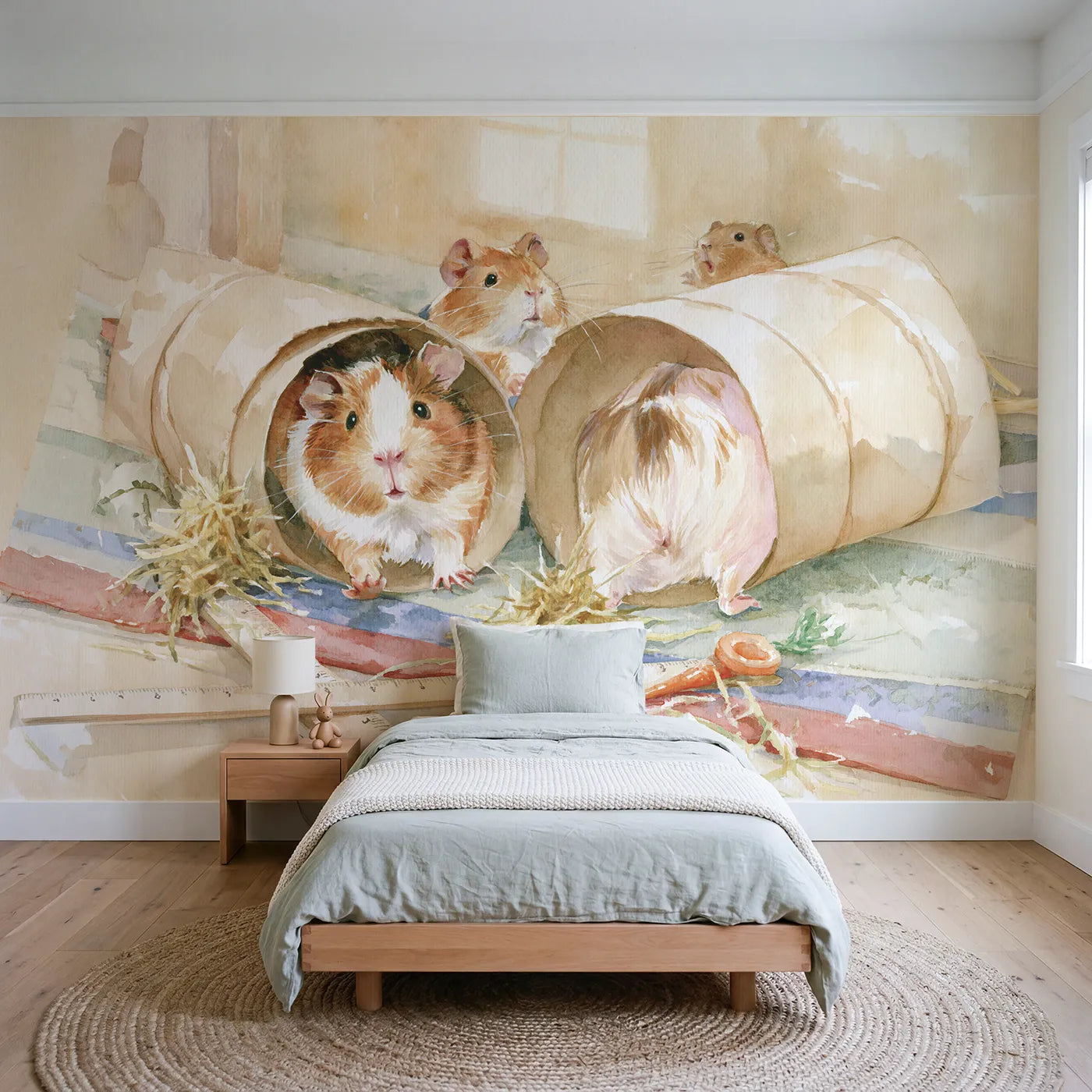 Watercolor guinea pigs racing through paper tunnels, wall mural for a playroom by Whimsy Tots