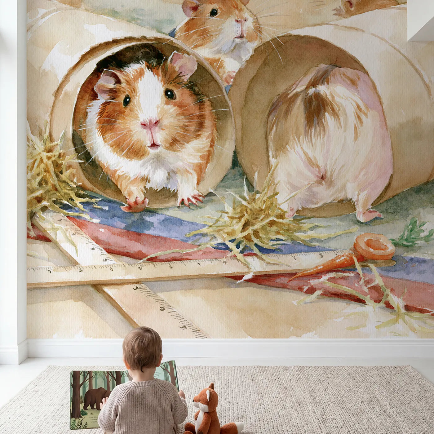 Child in nursery with The Tunnel Race Wallpaper Mural by Whimsy Tots