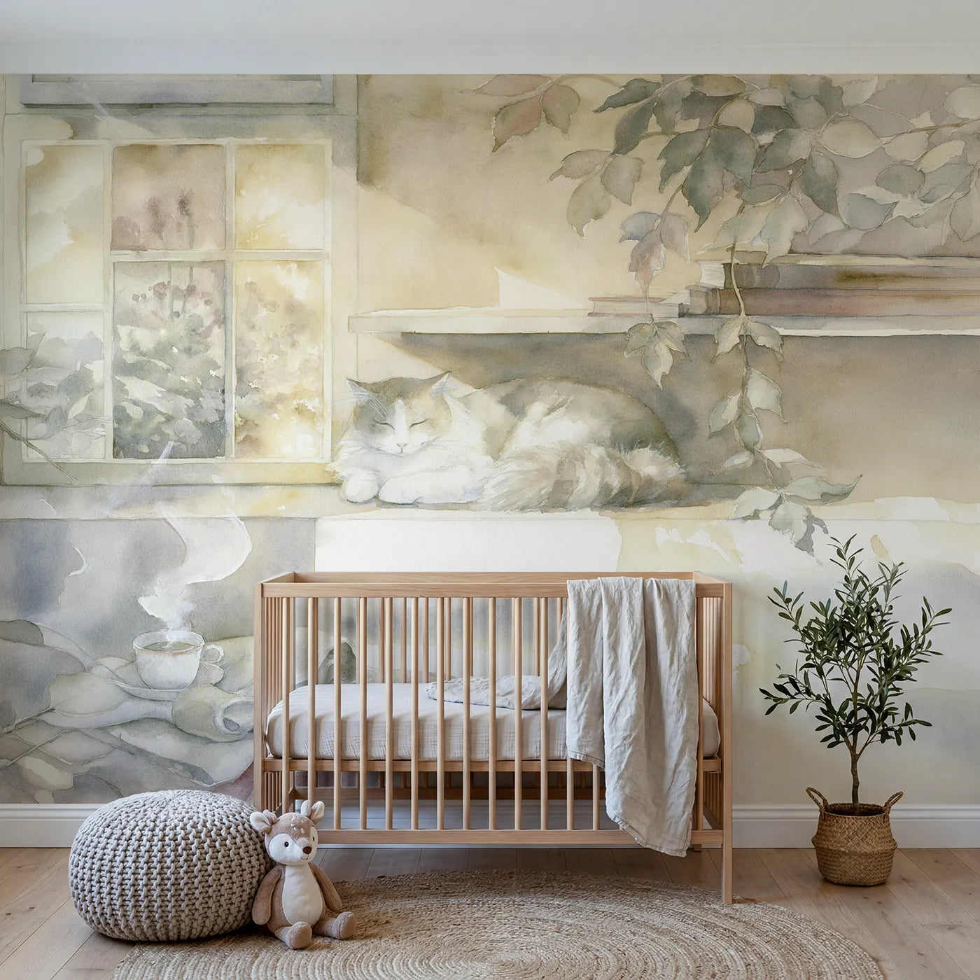 Watercolor wall mural of a sleepy cat on a windowsill by Whimsy Tots