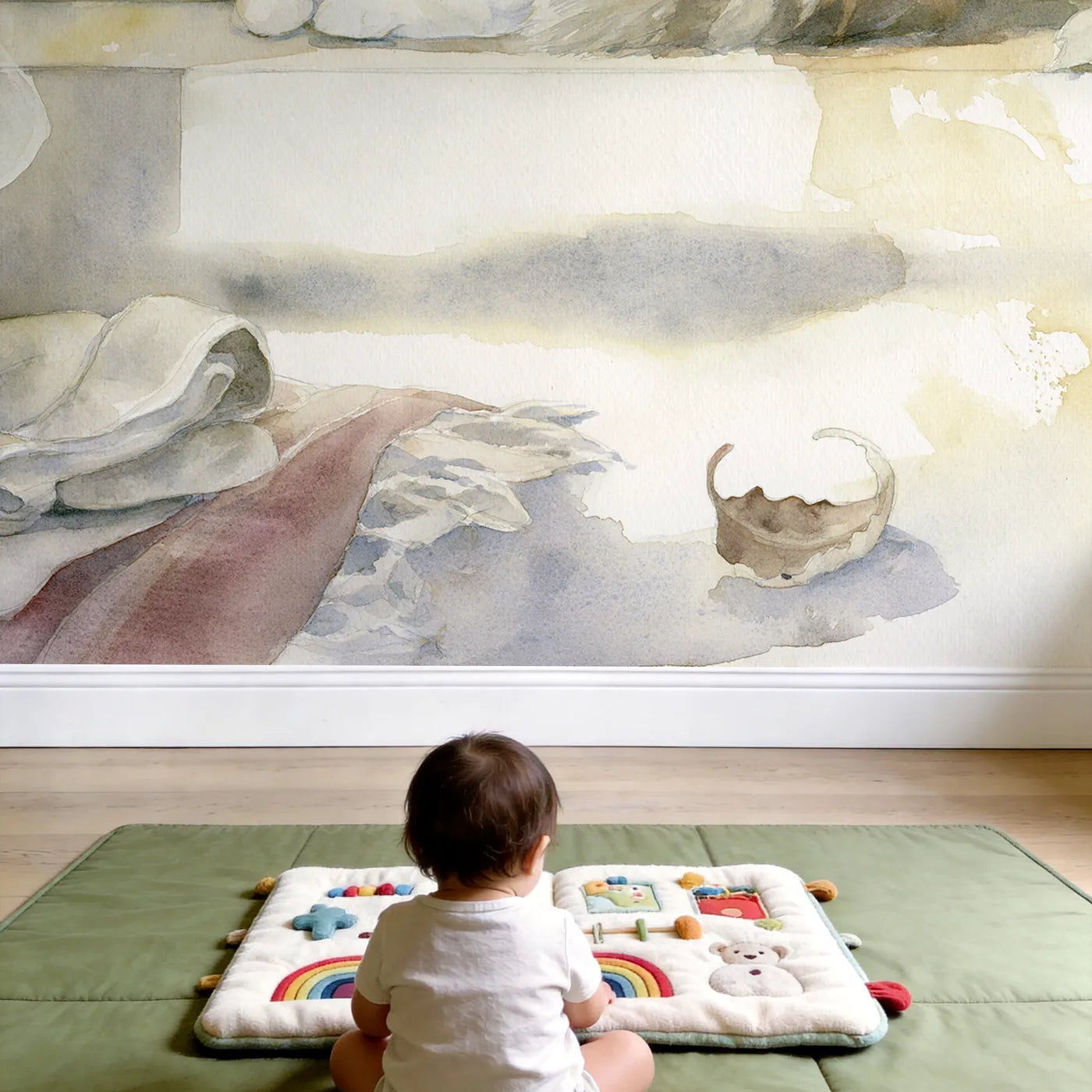 Child in nursery with Sleepy Cat Windowsill Wallpaper Mural by Whimsy Tots