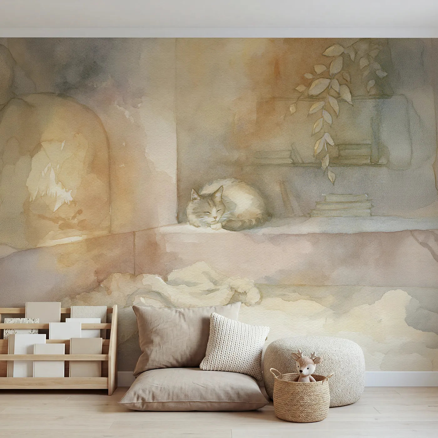Watercolor wall mural of a cozy cat fireside by Whimsy Tots