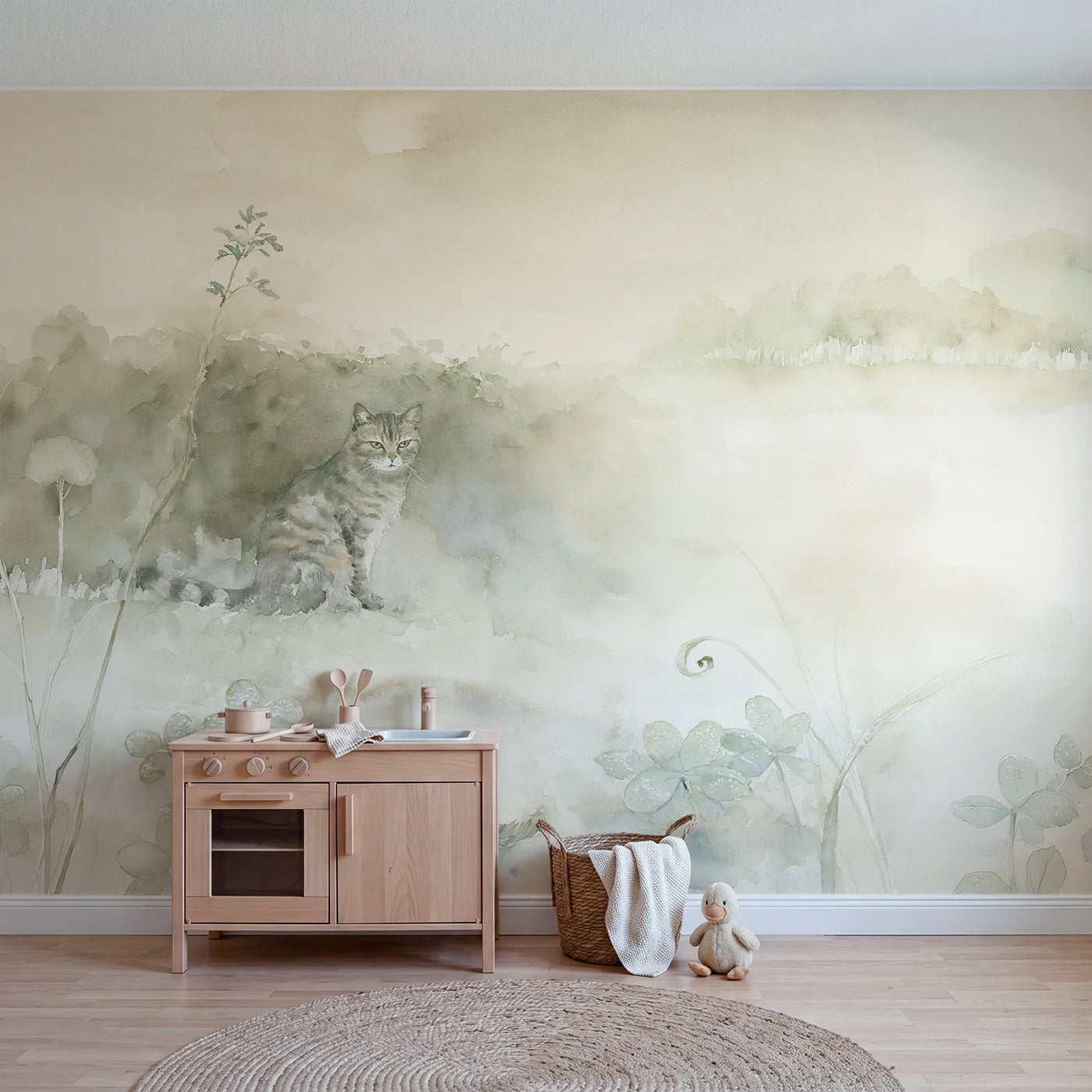 Watercolor wall mural of a misty tabby morning by Whimsy Tots