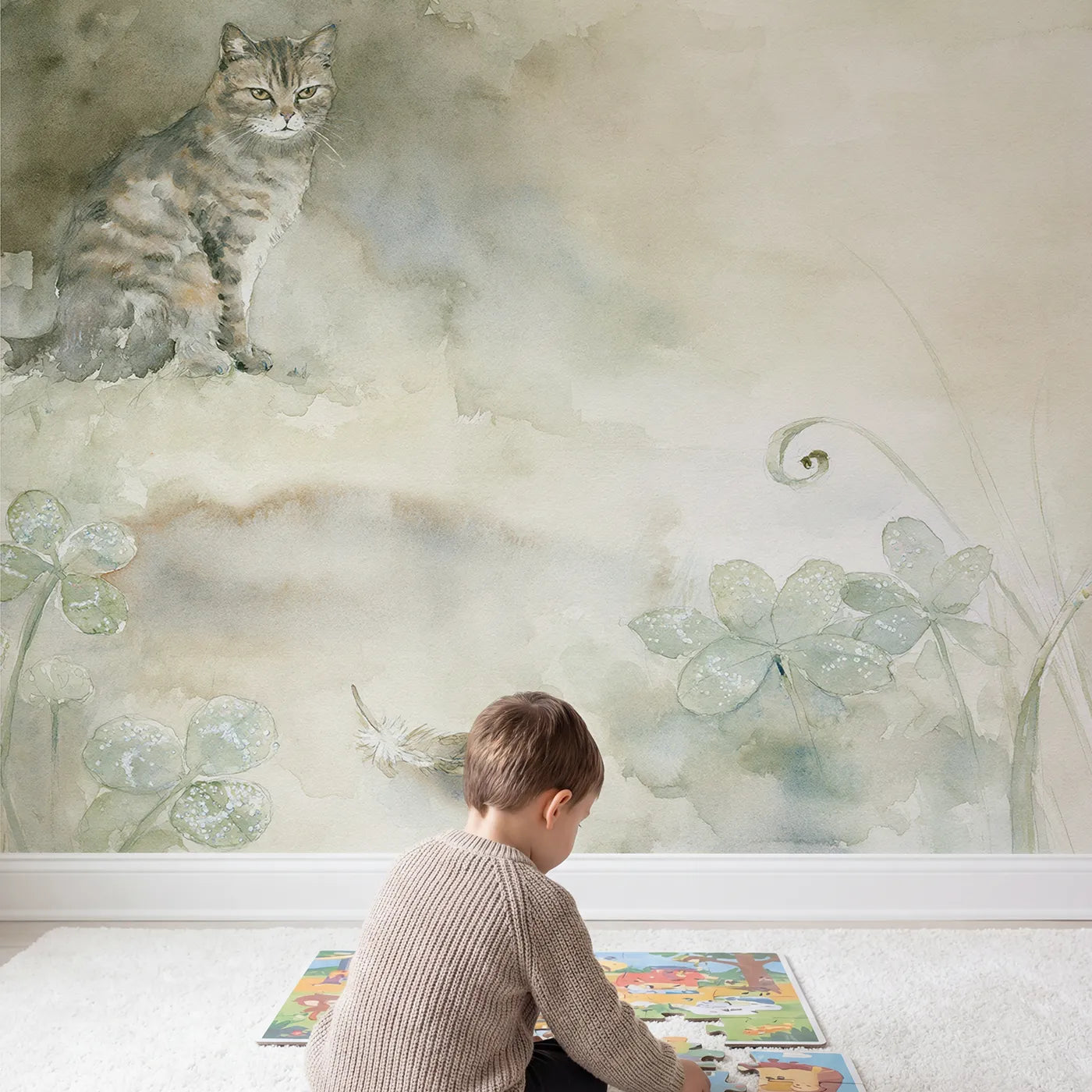 Child in nursery with Misty Tabby Morning Wallpaper Mural by Whimsy Tots