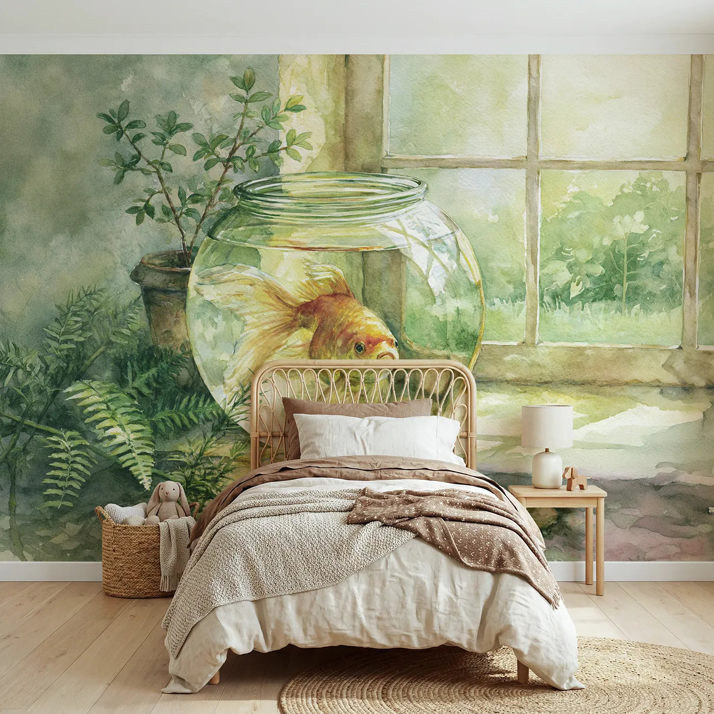 Watercolor wall mural of a goldfish bowl friend by Whimsy Tots