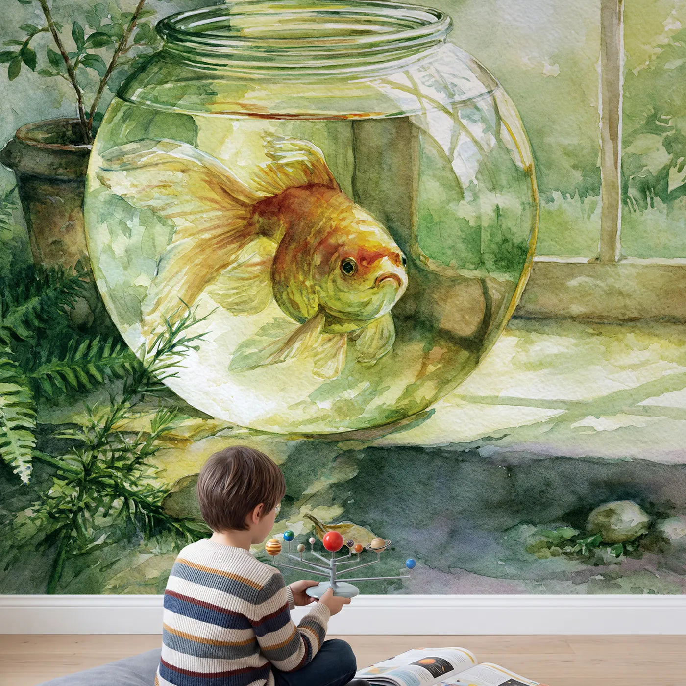 Child in nursery with Goldfish Bowl Friend Wallpaper Mural by Whimsy Tots