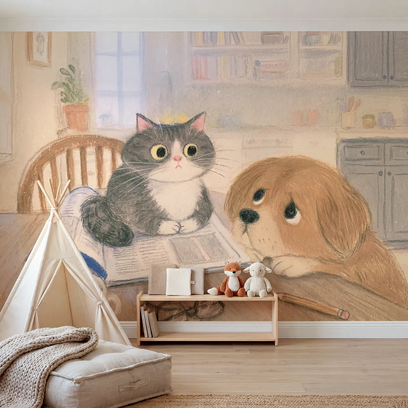 Colored Pencil cat sitting on an open newspaper, wall mural for a toddler room by Whimsy Tots