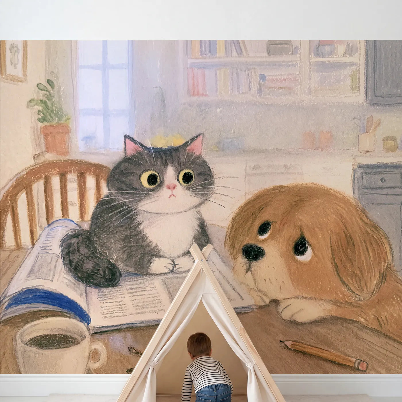 Child in nursery with Sitting on the Newspaper Wallpaper Mural by Whimsy Tots