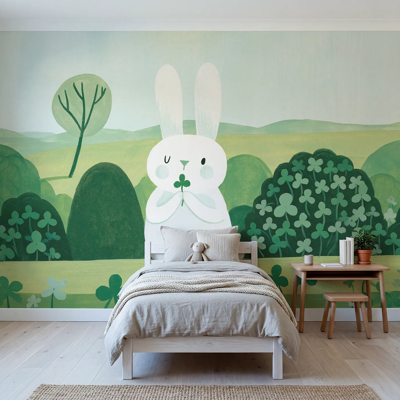 Gouache wall mural of a folk bunny shape by Whimsy Tots