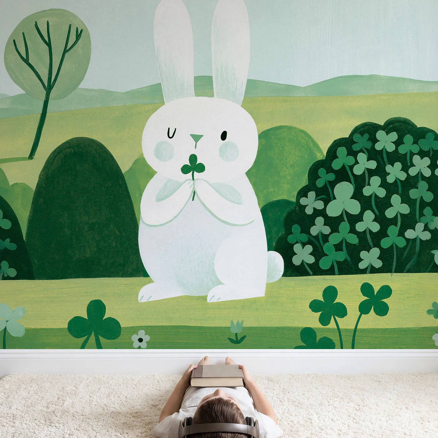 Child in nursery with Folk Bunny Shape Wallpaper Mural by Whimsy Tots