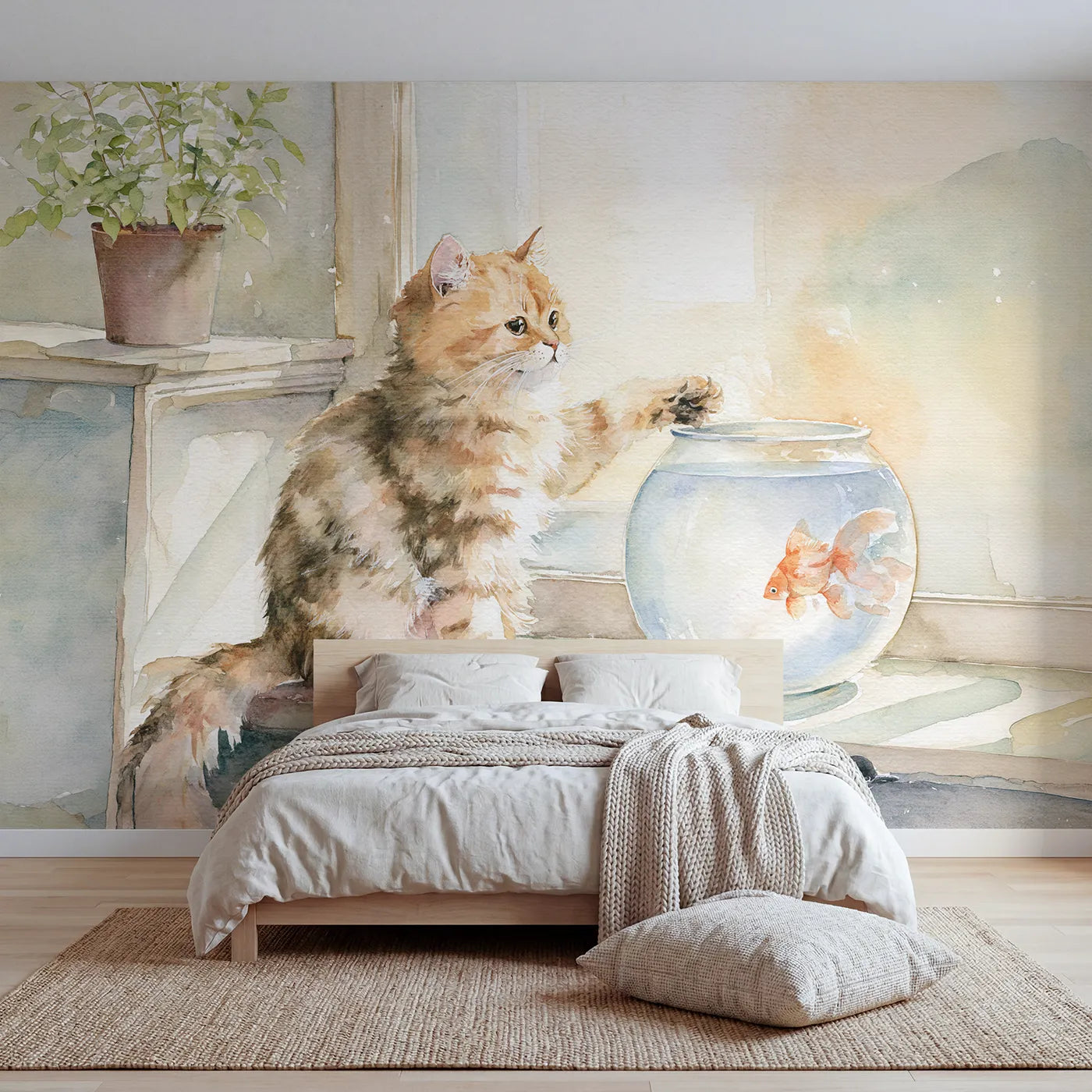 Watercolor cat and goldfish meeting at the glass, wall mural for a big-kid bedroom by Whimsy Tots