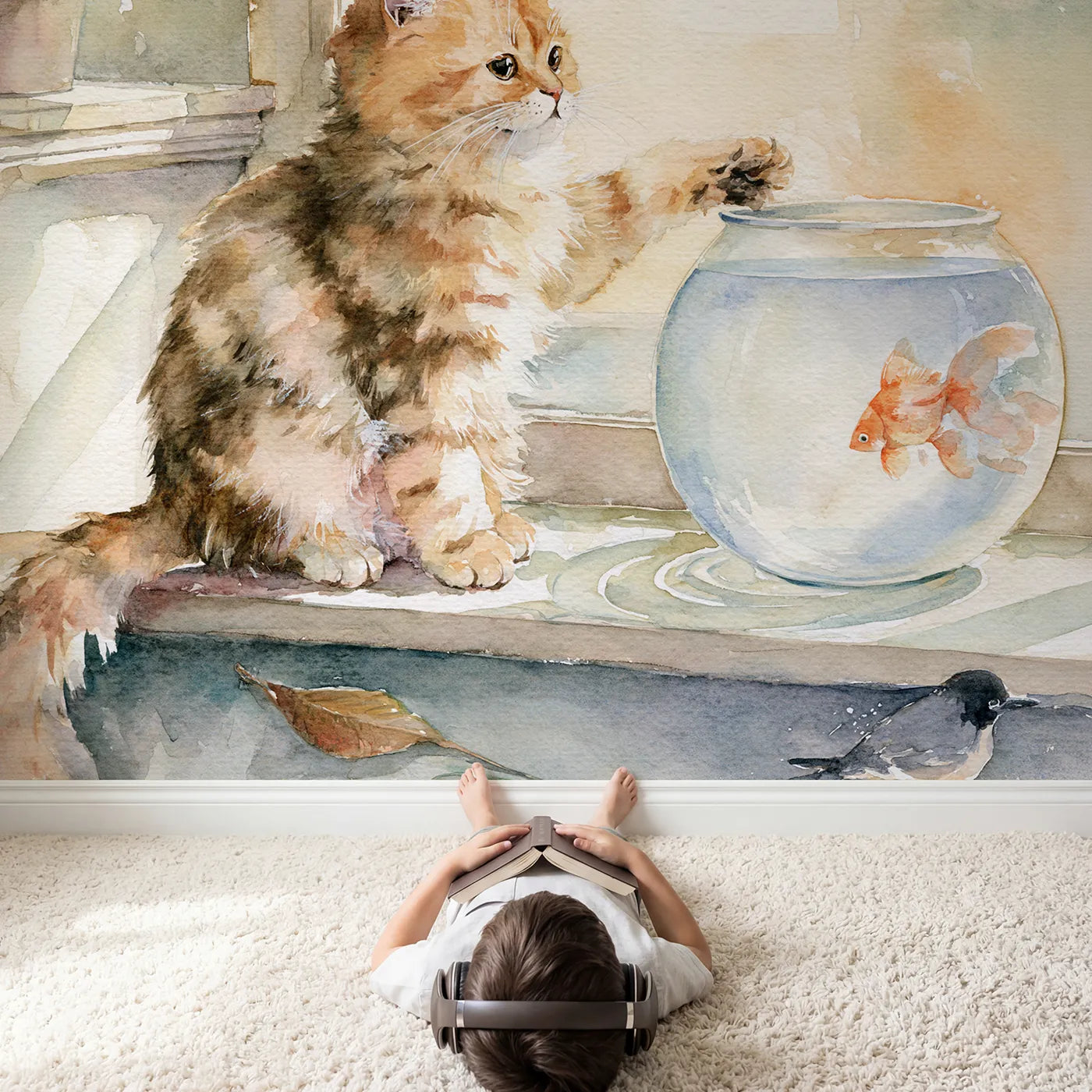 Child in nursery with The Goldfish Truce Wallpaper Mural by Whimsy Tots