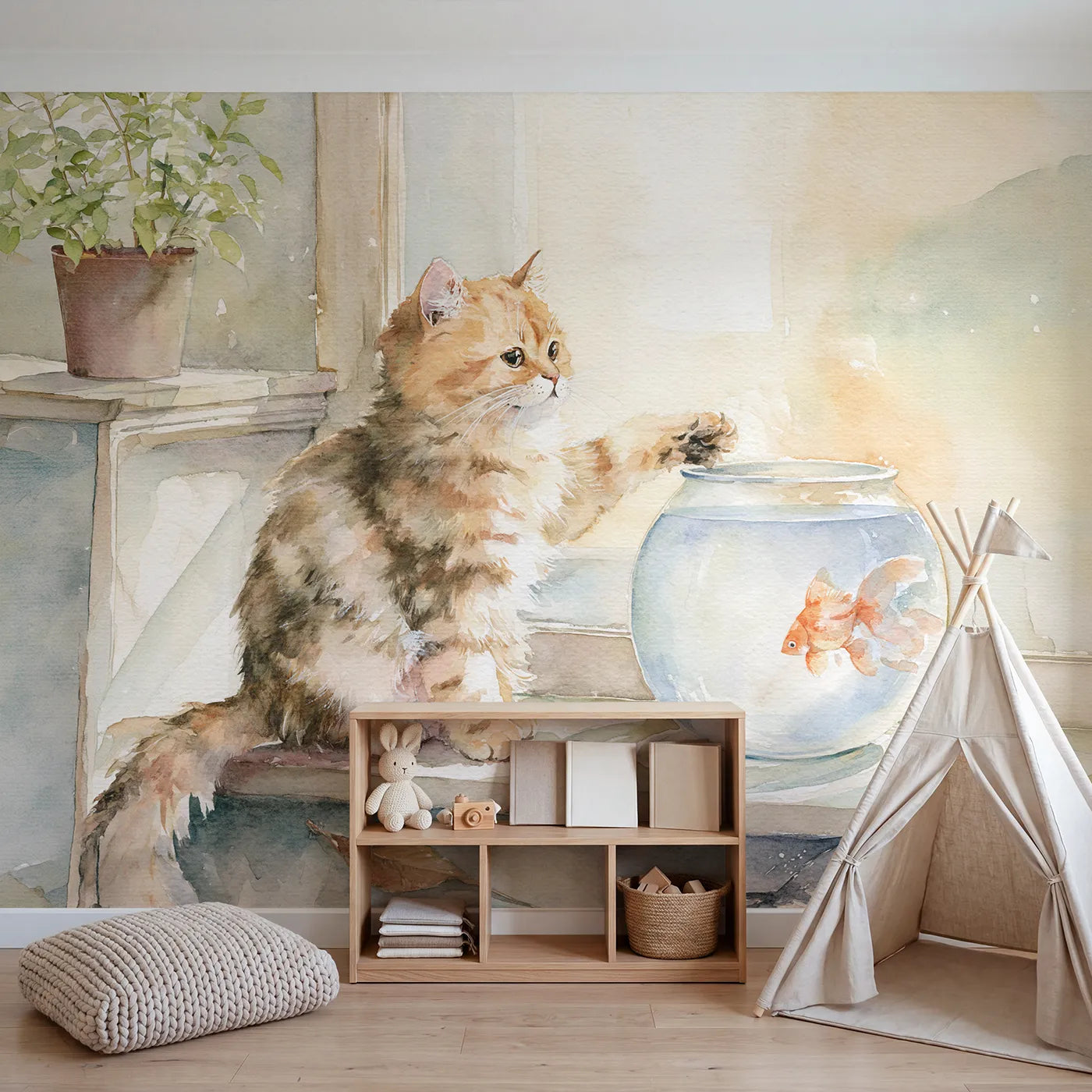 The Goldfish Truce Wallpaper Mural in playroom setting by Whimsy Tots