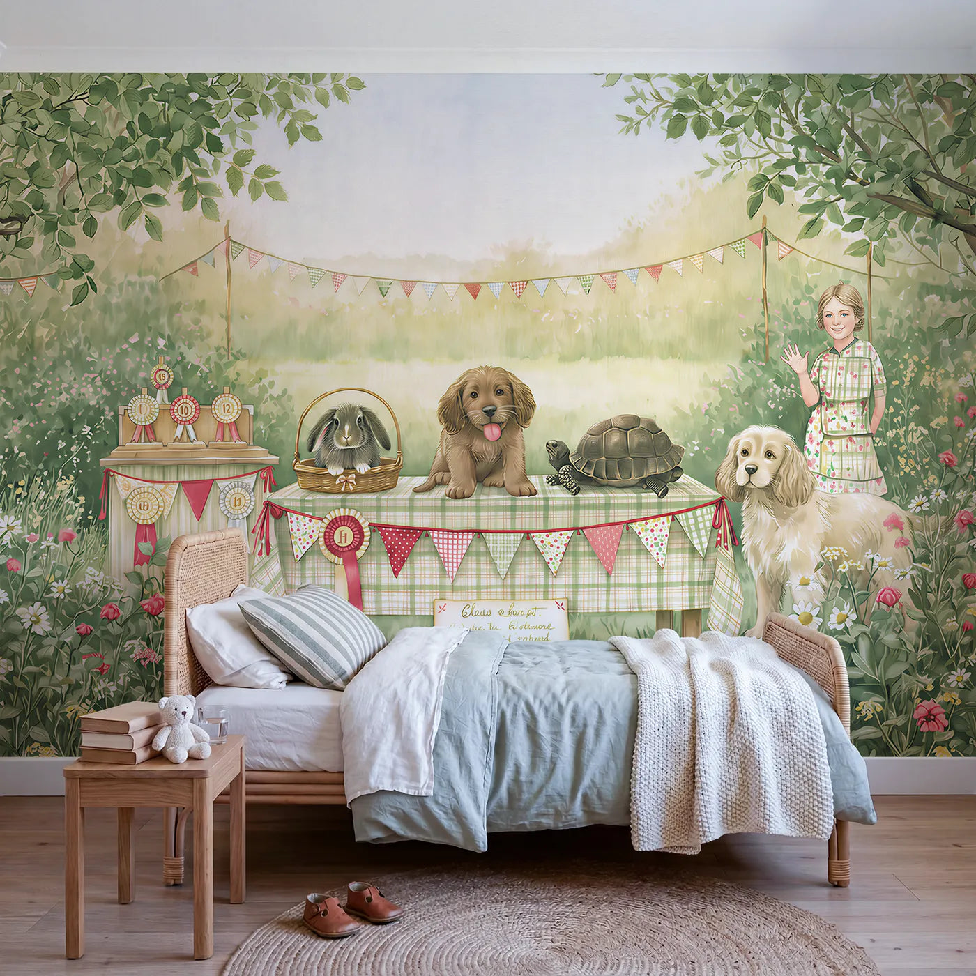Storybook village pet show with rosettes and bunting, wall mural for a kids room by Whimsy Tots