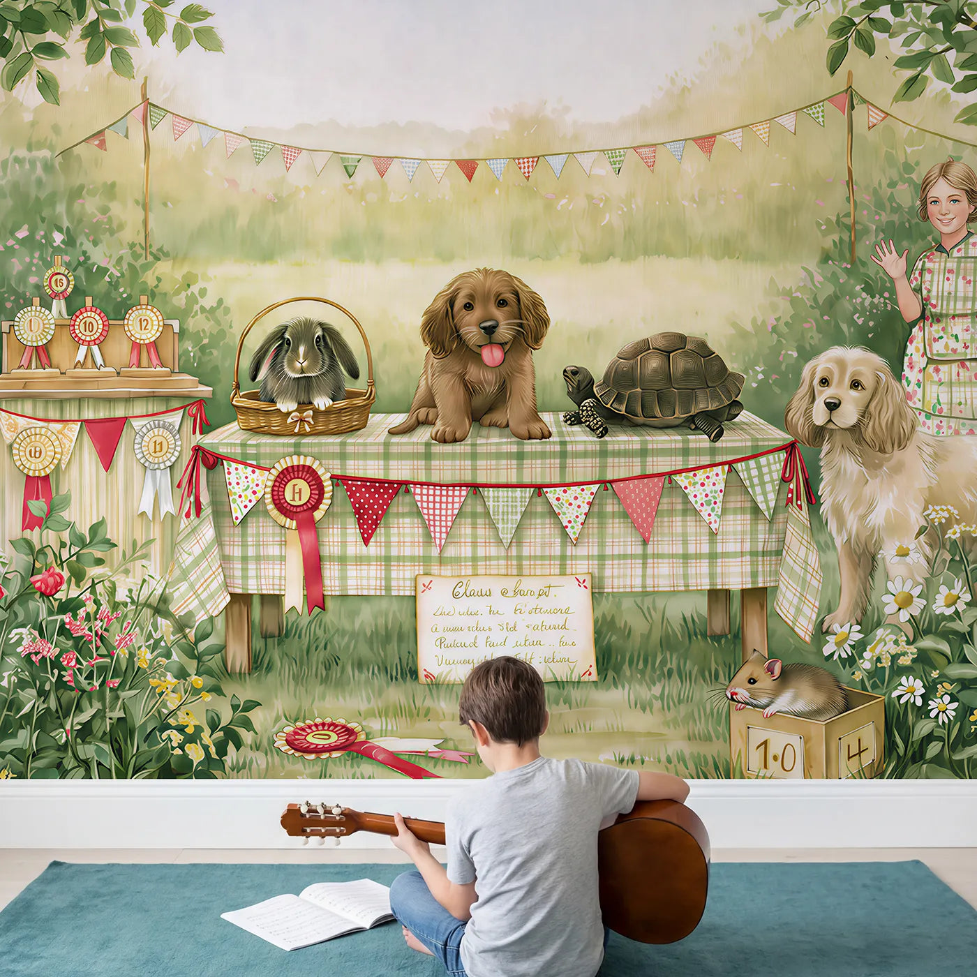 Child in nursery with The Village Pet Show Wallpaper Mural by Whimsy Tots