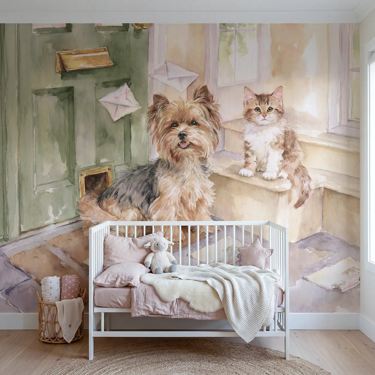 Watercolor dog catching post under a letterbox, wall mural for a rented bedroom by Whimsy Tots
