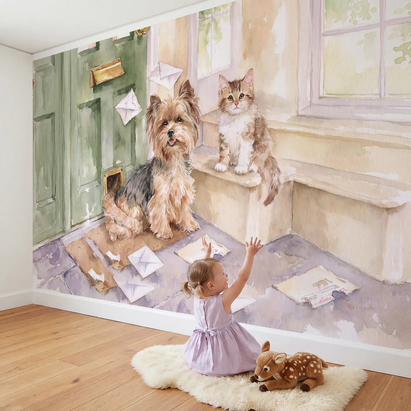 Child in nursery with The Letterbox Ambush Wallpaper Mural by Whimsy Tots