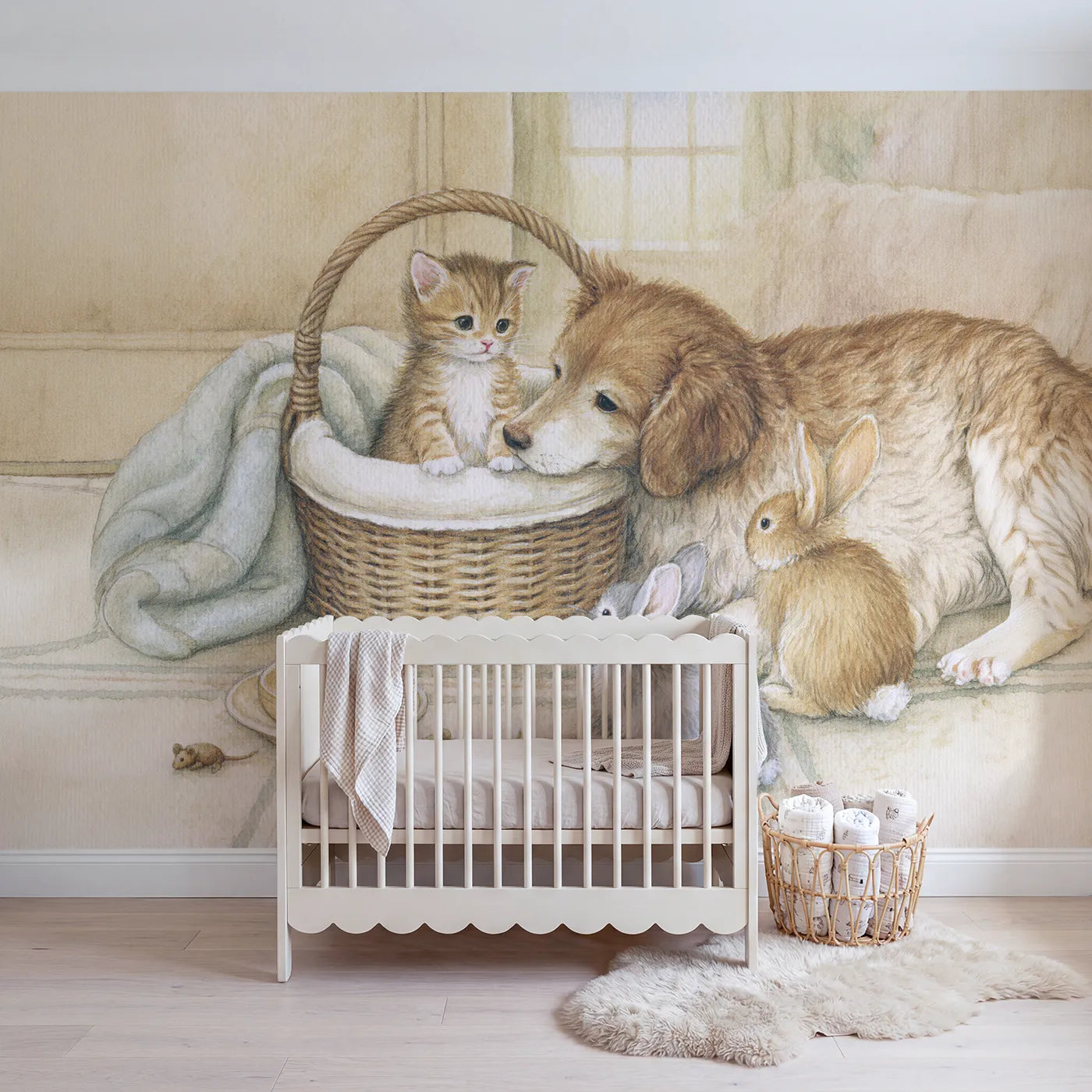 Storybook new kitten meeting the household pets, wall mural for a bedroom by Whimsy Tots