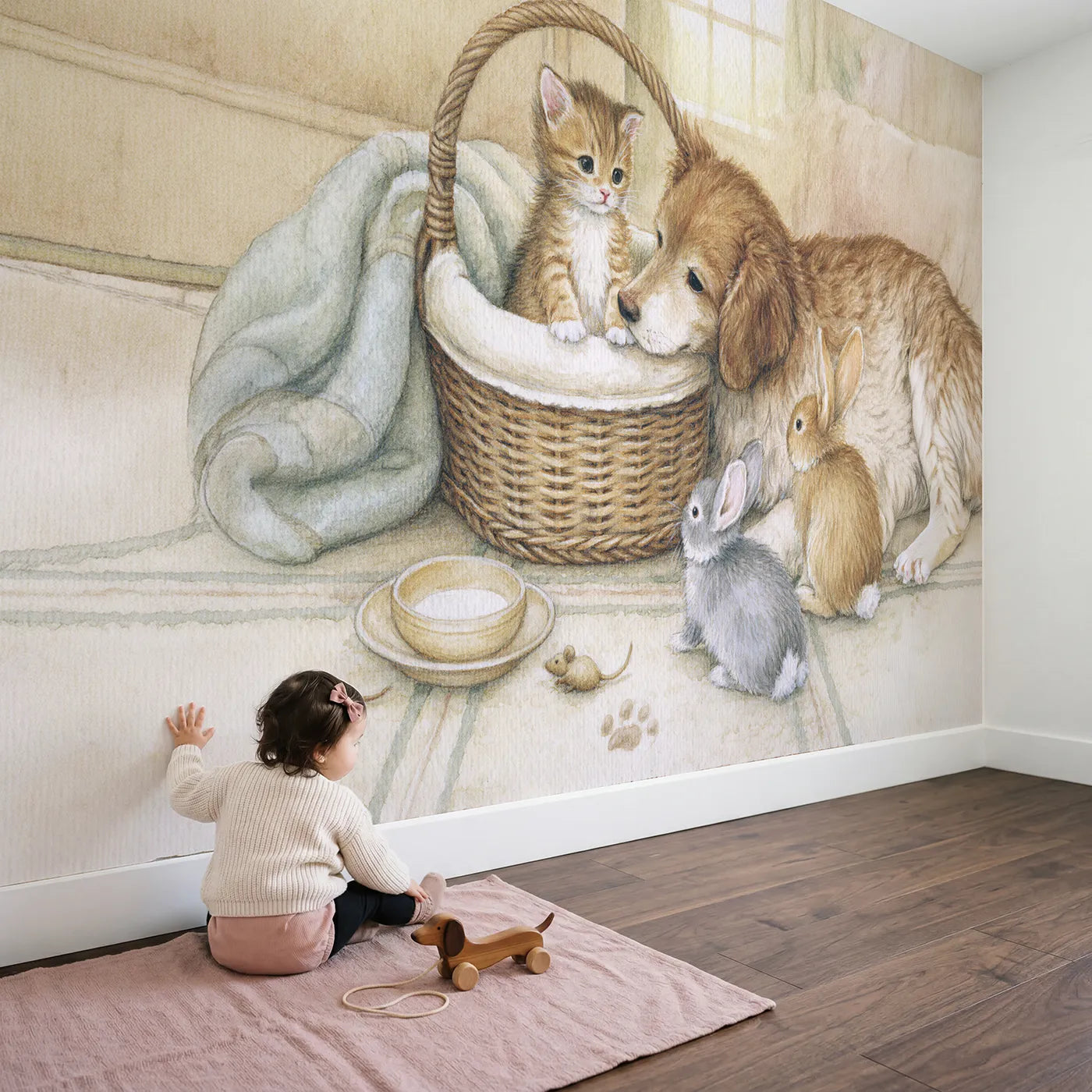 Child in nursery with The New Kitten Arrives Wallpaper Mural by Whimsy Tots