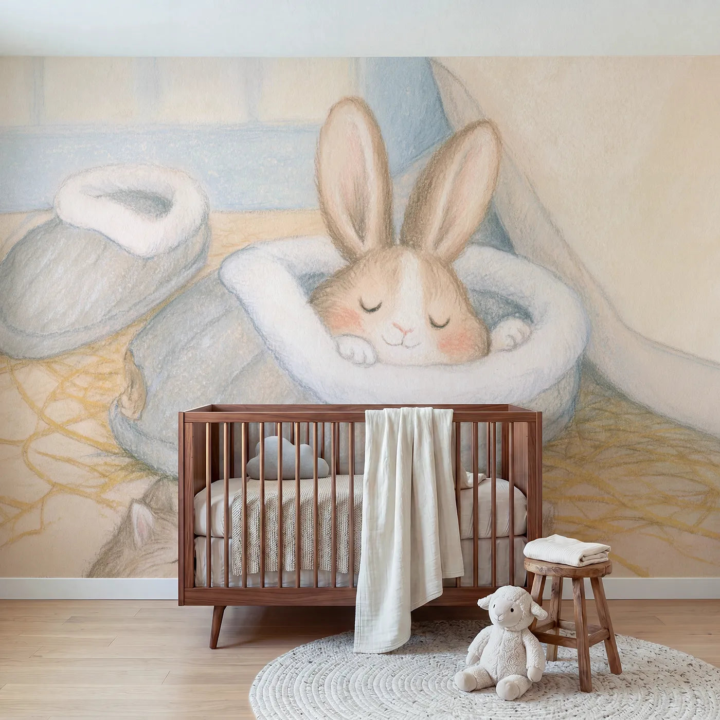 Colored Pencil bunny nesting inside a soft slipper, wall mural for a toddler room by Whimsy Tots