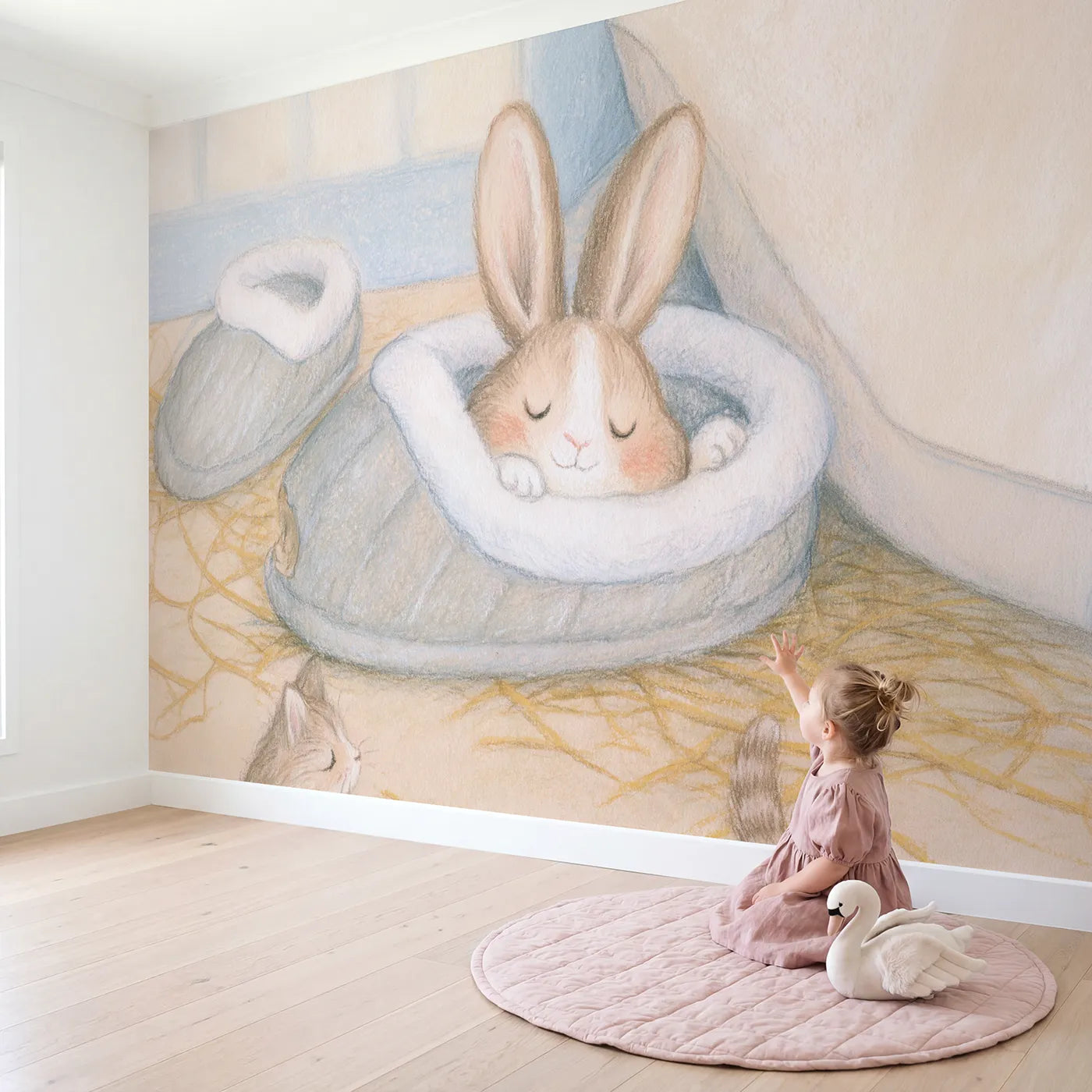 Child in nursery with The Slipper Nest Wallpaper Mural by Whimsy Tots