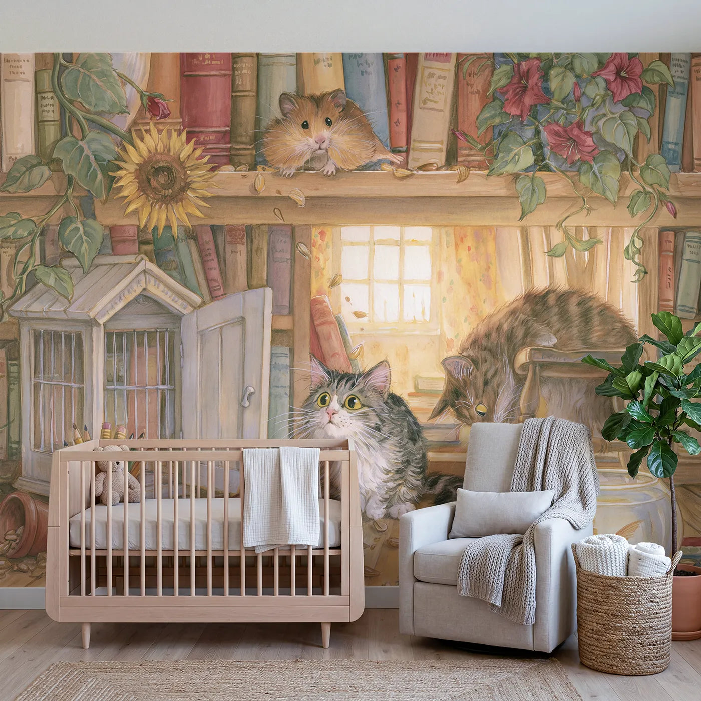 Storybook hamster escaping along a bookshelf, wall mural for a playroom by Whimsy Tots